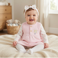 N14603: Baby Girls Quilted Pinafore, Top & Headband Outfit (0-9 Months)